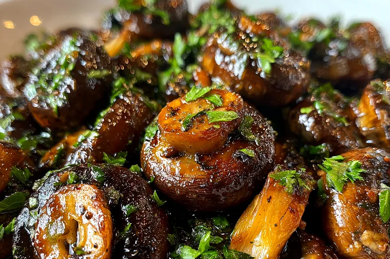 Sizzling mushrooms in a cast iron skillet being tossed in garlic butter sauce