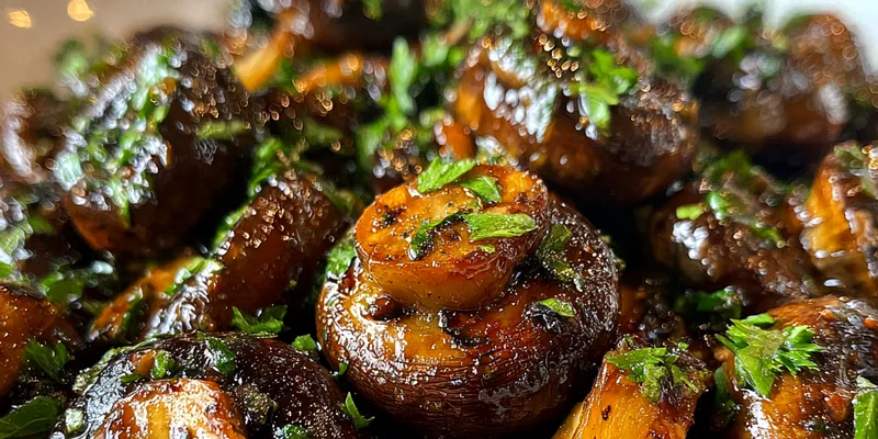 Golden brown sautéed mushrooms glistening with garlic butter sauce and fresh parsley garnish on a white plate