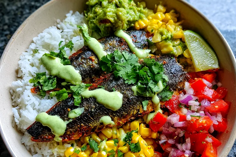 Fresh ingredients for Blackened Fish Taco Bowl