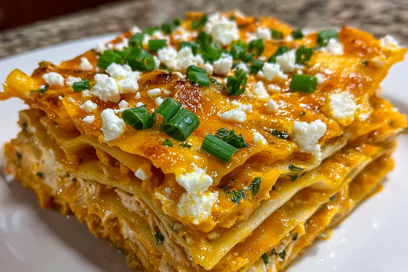 An assortment of ingredients for Buffalo Ranch Chicken Lasagna Delight, including chicken, cheese, sauces, and fresh herbs.