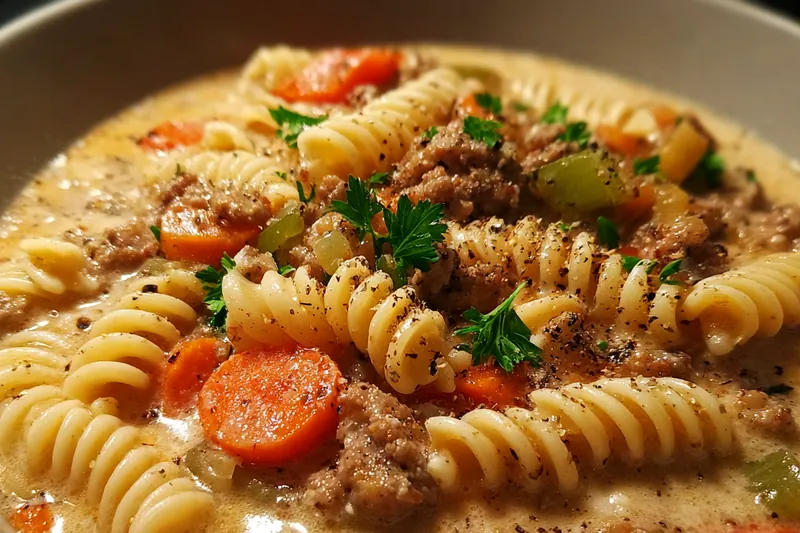 Fresh ingredients for Cheesy Beef Macaroni Soup
