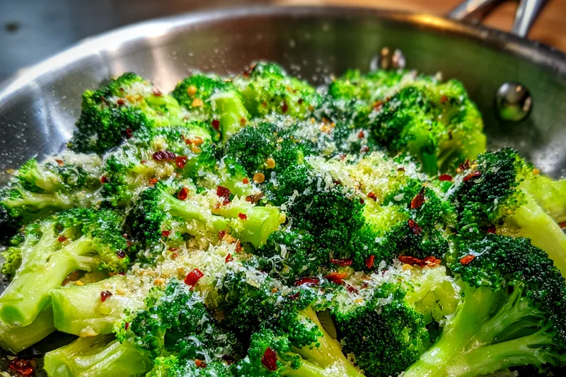 The process of preparing Cheesy Broccoli Delight, showing a skillet with sautéing broccoli and a pot of melting cheese sauce.