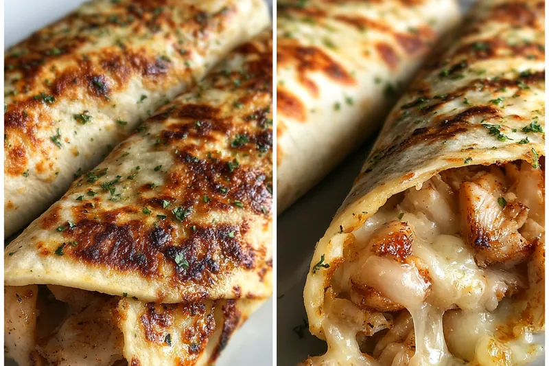 A vibrant display of fresh ingredients for Cheesy Garlic Chicken Wraps including chicken breast, cheese, and vegetables.