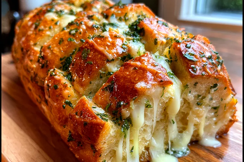Ingredients for cheesy garlic bread: loaf of bread, blocks of cream cheese, butter, fresh parsley, garlic cloves, and eggs