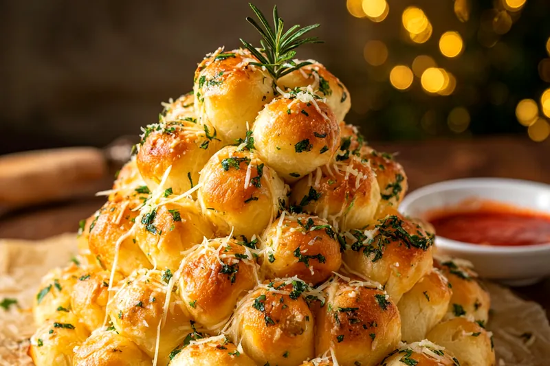 An array of fresh ingredients including Italian bread, cheese, and herbs for Cheesy Holiday Pull-Apart Bread.