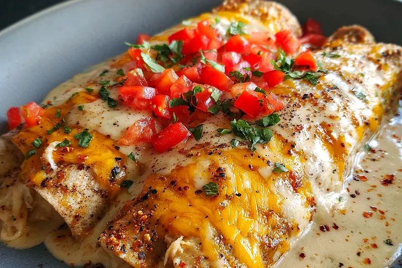 A step-by-step view of the cooking process for Cheesy Jalapeño Chicken Enchiladas, showcasing the layering of ingredients.