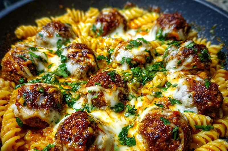 Fresh ingredients for Cheesy Meatball Pasta Bake