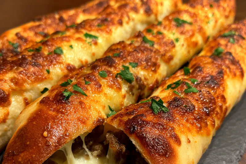 A step-by-step visual of making Cheesy Philly Breadsticks Delight, showcasing the dough preparation and cheese melting.