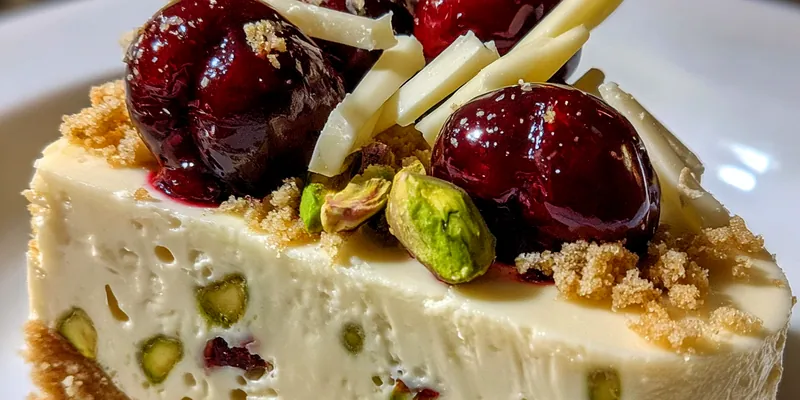 Delicious Cherry Pistachio Delight Cheesecake served on a plate