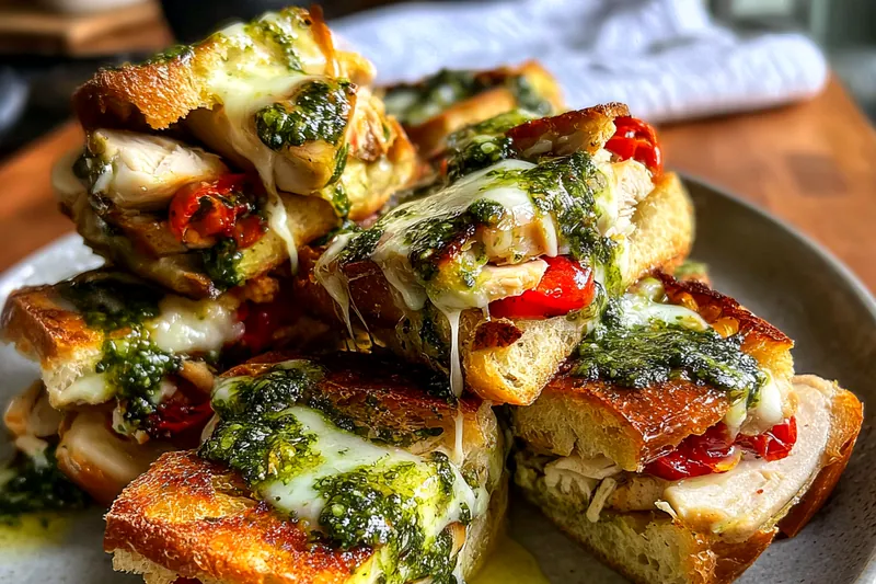 Ingredients for chicken pesto sandwich including focaccia loaf, jar of green pesto, sliced mozzarella balls, and roasted peppers on a wooden board