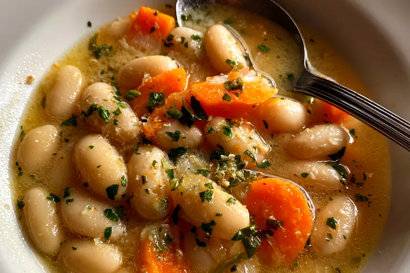 Cooking process showing a pot of Classic Greek White Bean Soup simmering on the stove.