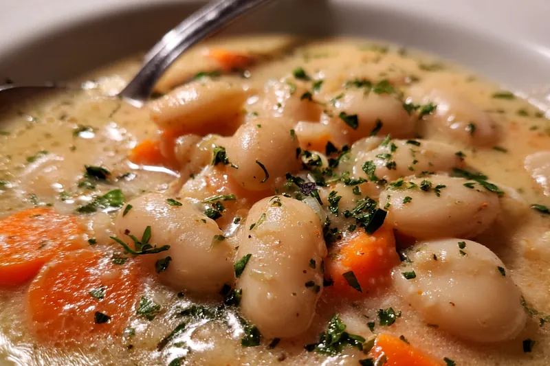 A selection of ingredients including white beans, vegetables, and herbs for Classic Greek White Bean Soup.