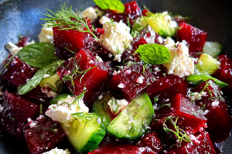 Fresh ingredients for Colorful Beet Feta Salad