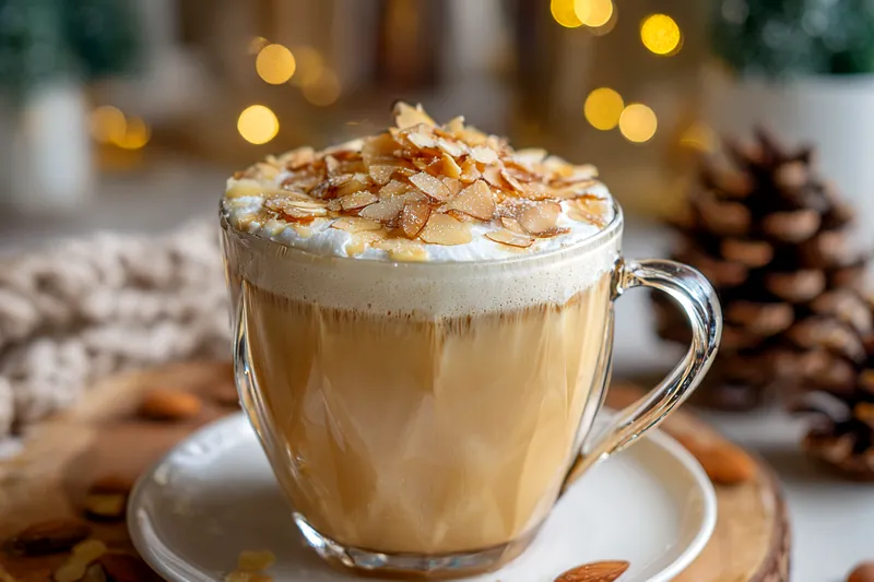 Photo of the cooking process for Cozy Vanilla Almond Latte, showing the heating of almond milk and the brewing of coffee.