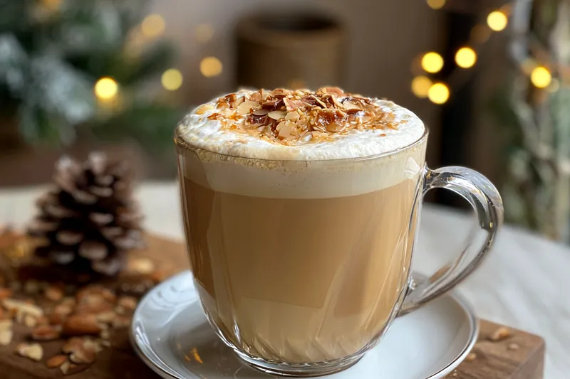 Photo showcasing the ingredients for Cozy Vanilla Almond Latte, including almond milk, coffee, vanilla syrup, and cinnamon.