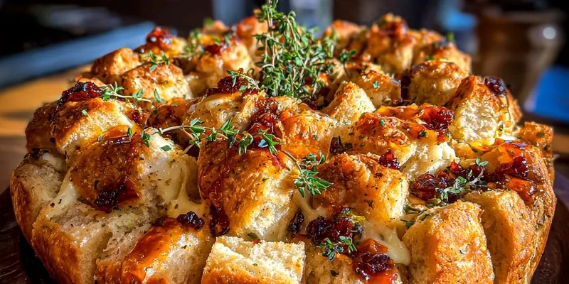 A freshly baked Cranberry Brie Pull-Apart Bread served on a rustic wooden board, showcasing golden crust and melted cheese.