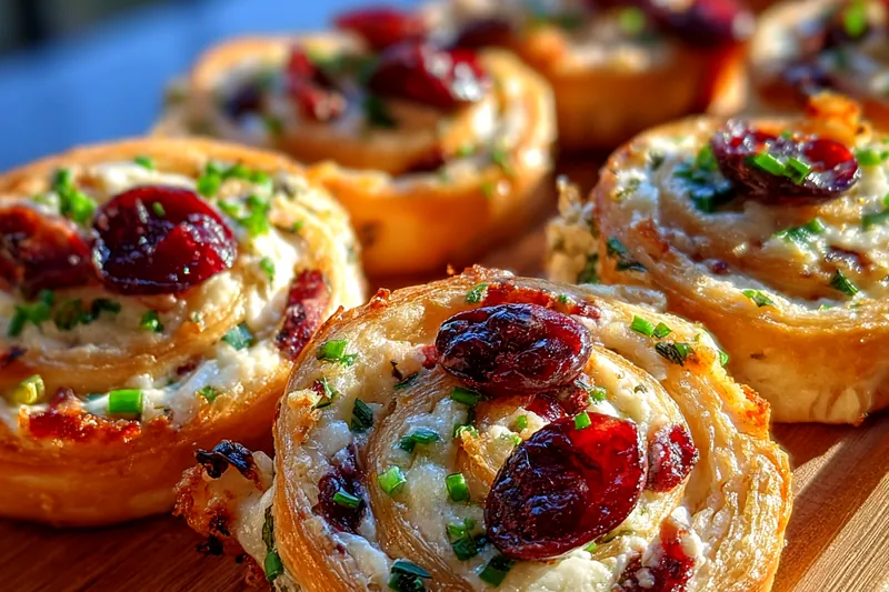 Chef slicing the chilled Cranberry Chive Pinwheel Rolls on a wooden board.