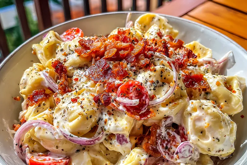 Ingredients for tortellini salad: fresh tortellini, mayonnaise, sour cream, bacon, tomatoes, and red onion