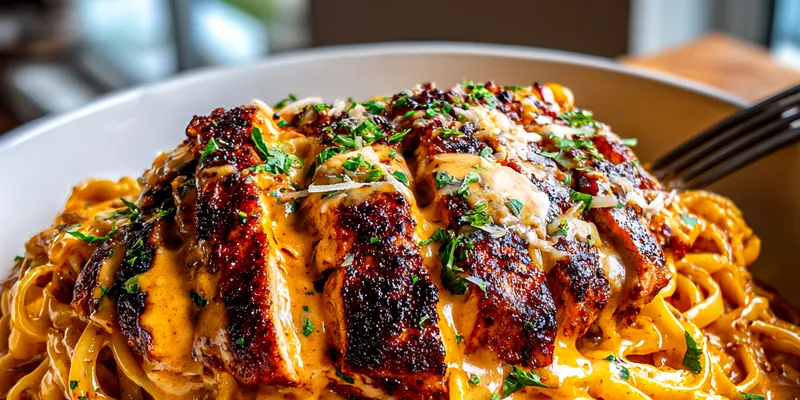 Close up of creamy orange cajun pasta with sliced blackened chicken breast on top in a white bowl