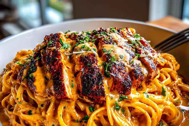Raw ingredients including chicken breast, fettuccine noodles, heavy cream, cajun spices, and parmesan cheese on a counter