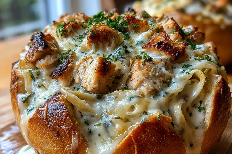 Fettuccine being tossed in creamy white alfredo sauce in a skillet with golden seared chicken pieces