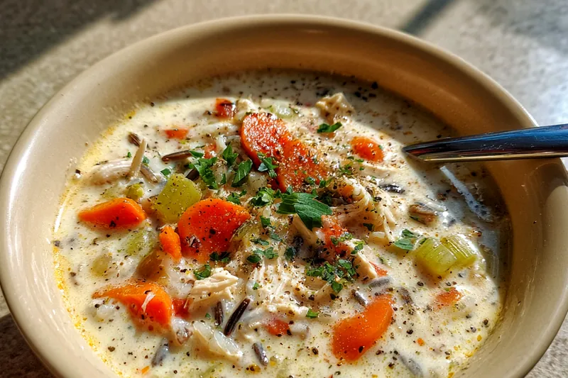 A pot of Creamy Chicken Wild Rice Soup simmering on the stove, showcasing the ingredients merging into a creamy broth.