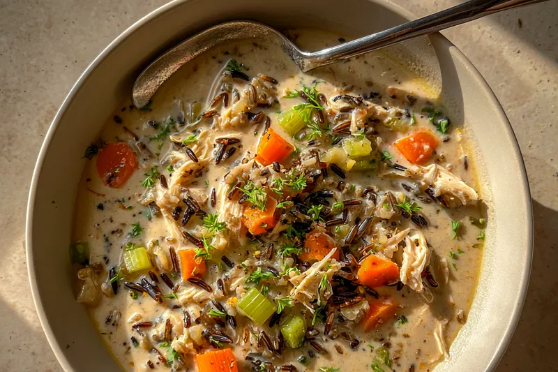 A colorful display of ingredients for Creamy Chicken Wild Rice Soup including chicken, vegetables, and wild rice.