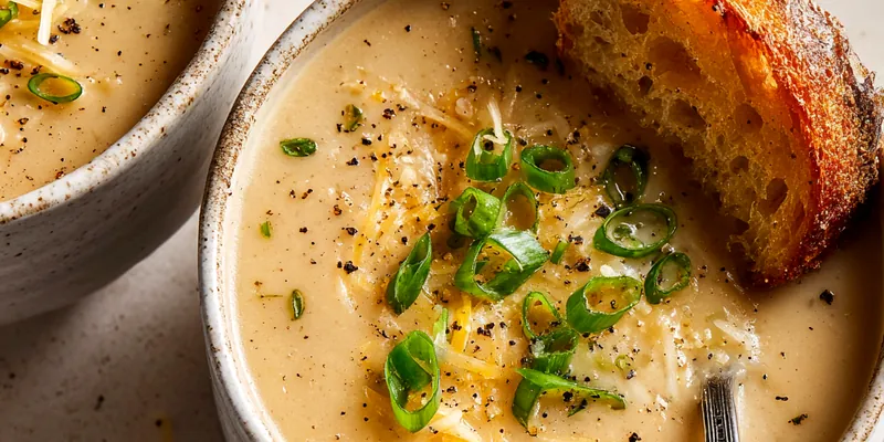 Delicious Creamy Garlic Cheddar Soup served on a plate