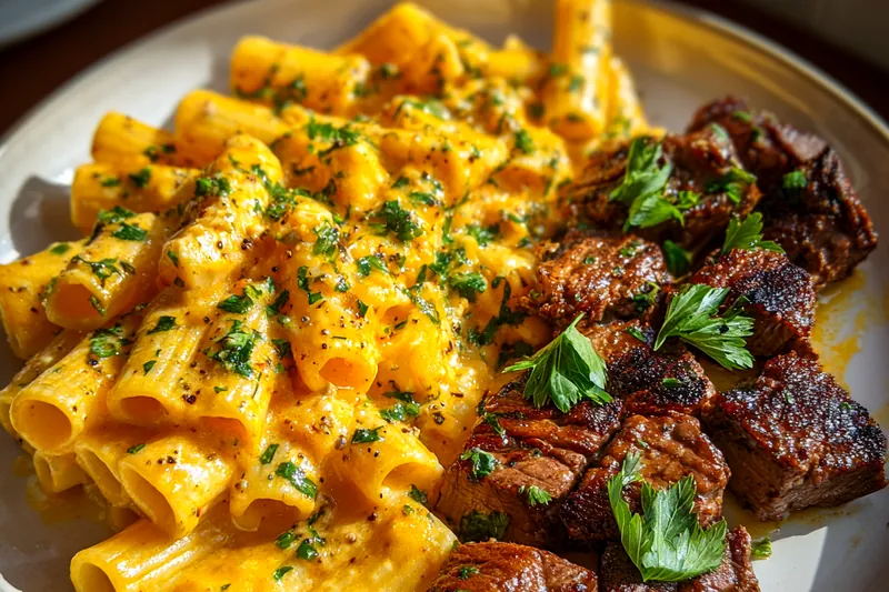 Cooking process for Creamy Herb Pasta with Seared Steak