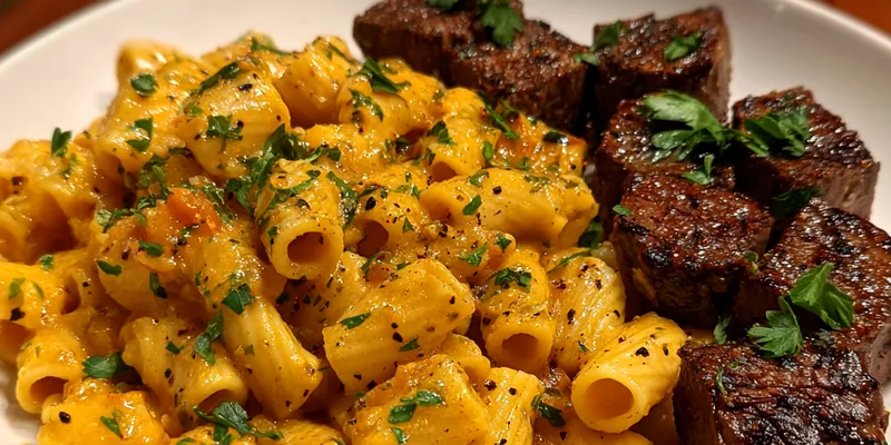 Delicious Creamy Herb Pasta with Seared Steak served on a plate