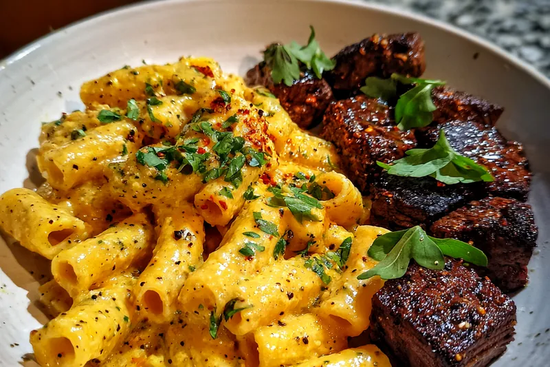 Fresh ingredients for Creamy Herb Pasta with Seared Steak