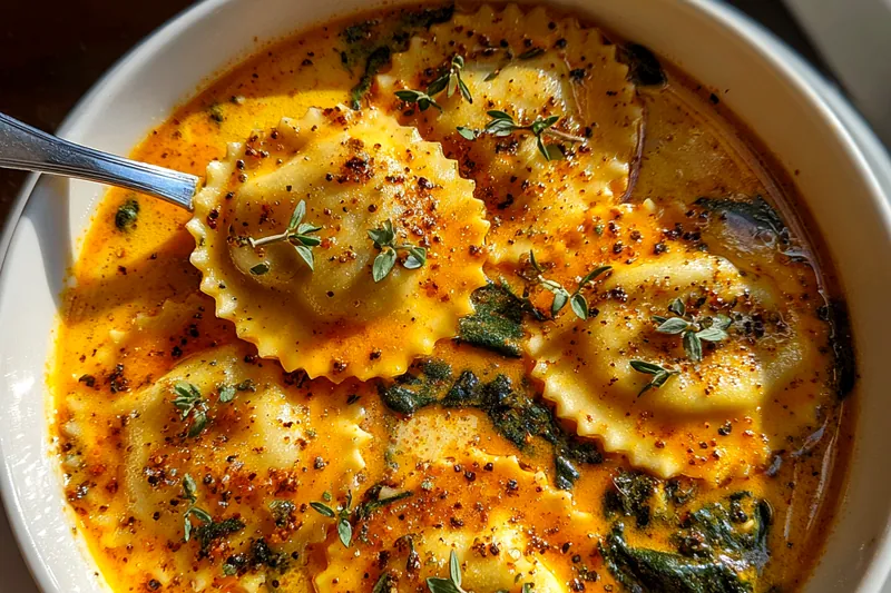 Cooking process for Creamy Herb Ravioli Soup