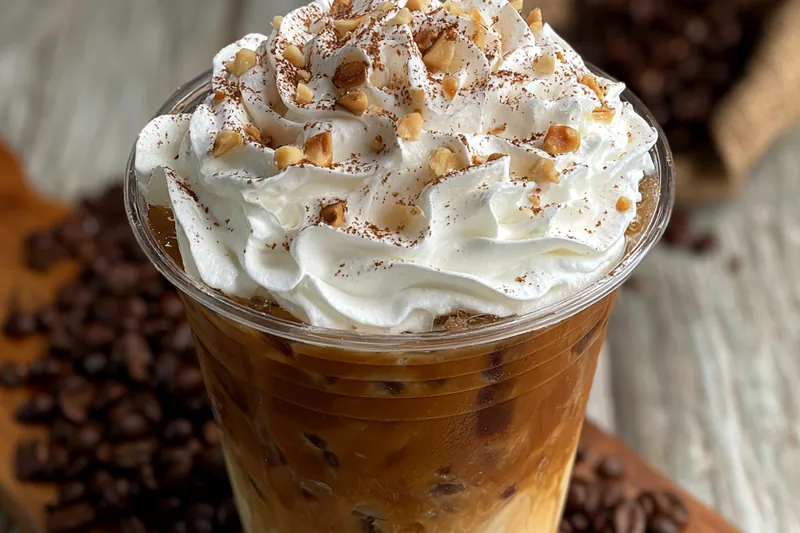 A beautifully arranged setup of ingredients for Creamy Peanut Butter Iced Coffee, showcasing coffee, peanut butter, and milk.