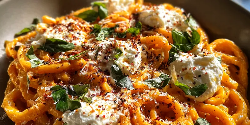 Delicious Creamy Pepper Burrata Pasta served on a plate