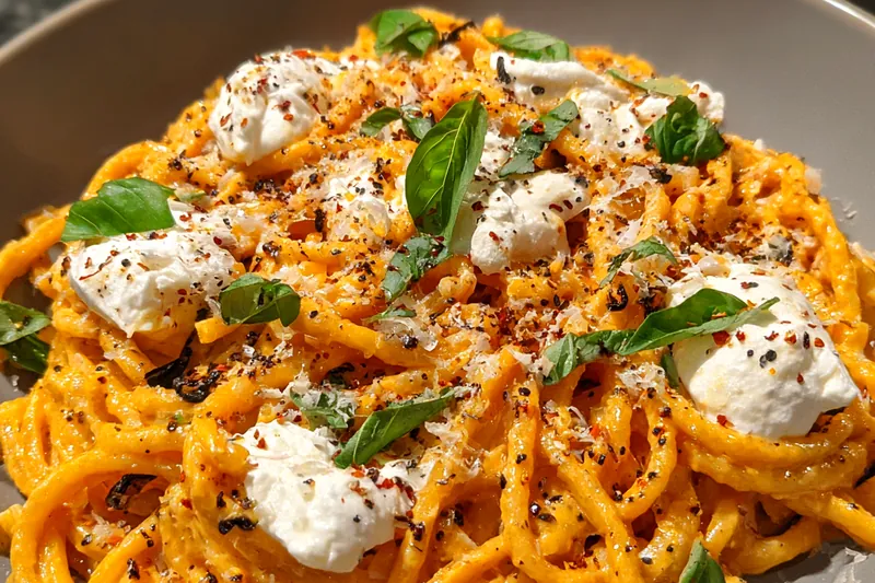 Fresh ingredients for Creamy Pepper Burrata Pasta