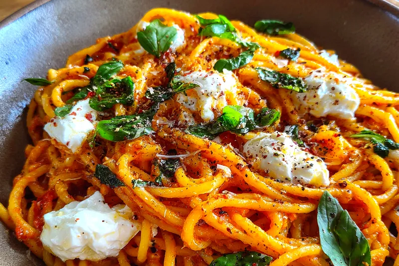 Fresh ingredients for Creamy Red Pepper Pasta Delight