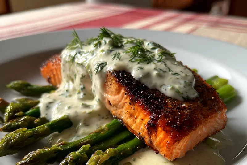Cooking process for Creamy Salmon Asparagus Delight