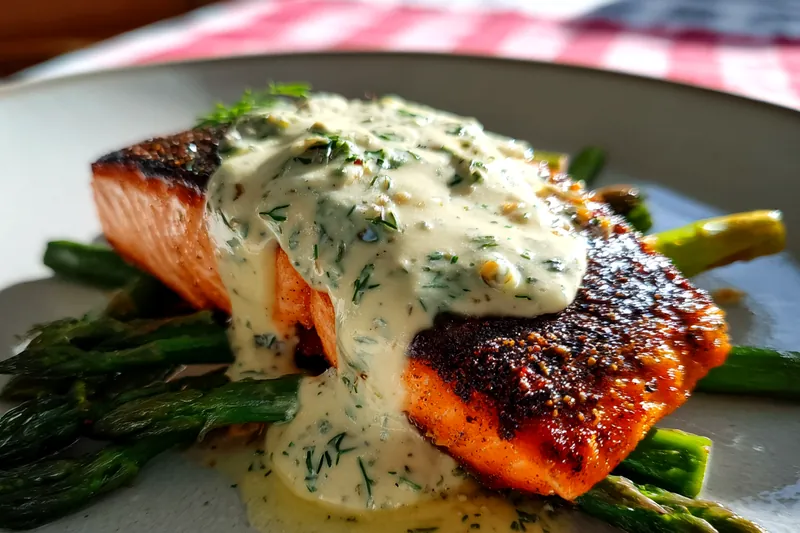 Fresh ingredients for Creamy Salmon Asparagus Delight