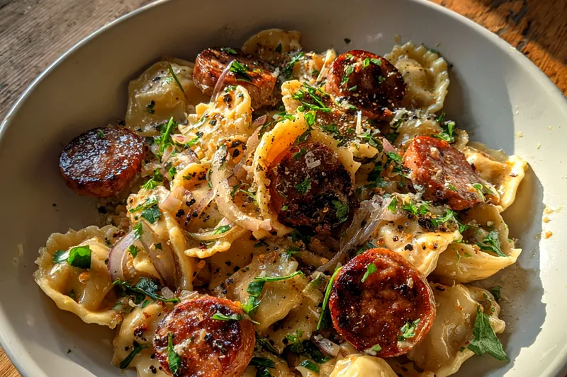 Fresh ingredients for Creamy Sausage Pasta Bake