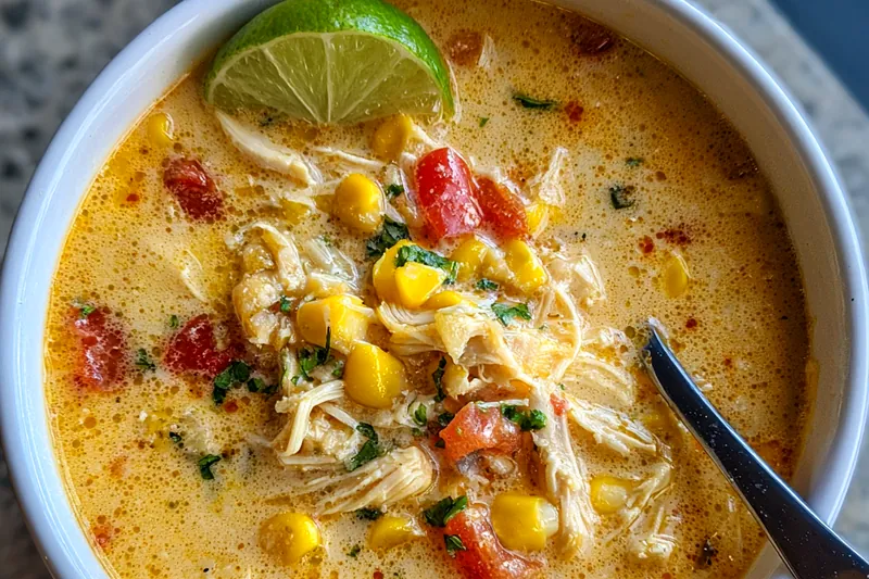 Chef stirring the creamy chicken corn chowder in a large pot on the stove.