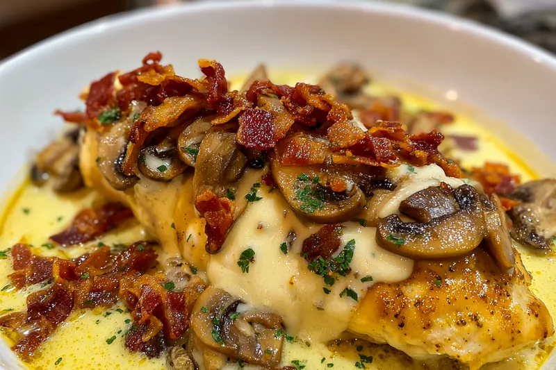Chef Mitchell stirring the creamy sauce in a skillet with spinach and bacon, demonstrating the cooking process.