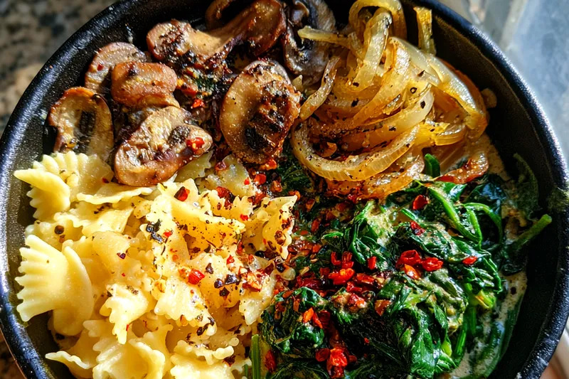 Fresh ingredients for Creamy Spinach Mushroom Pasta