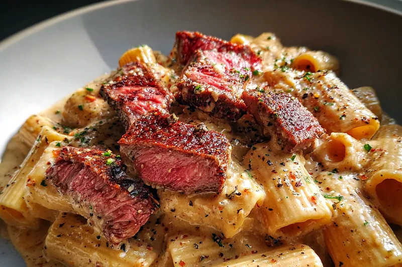 Cooking process for Creamy Steak Pasta