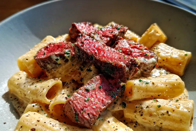 Fresh ingredients for Creamy Steak Pasta