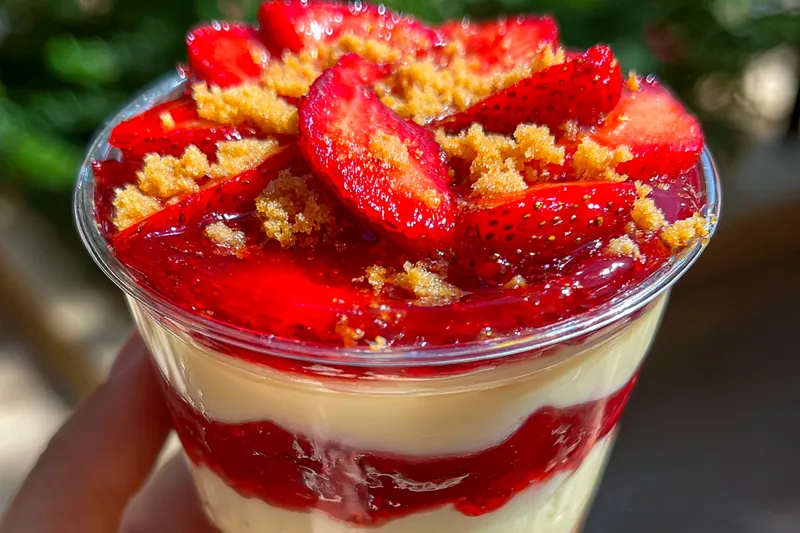 A step-by-step visual of assembling Creamy Strawberry Cheesecake Delight with all layers visible.