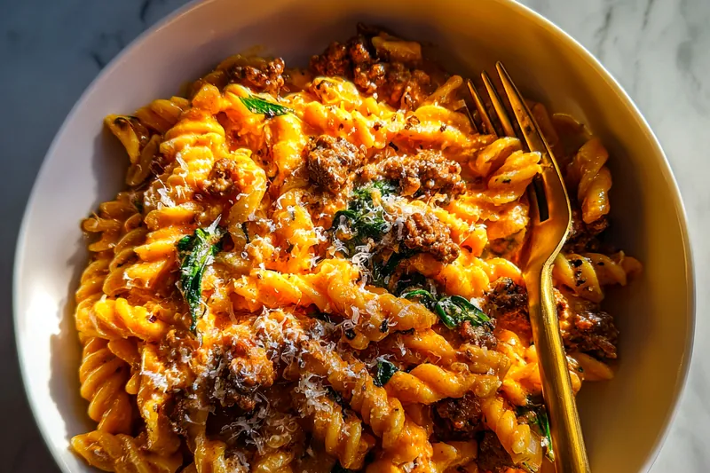 Cooking process for Creamy Tomato Beef Orzo