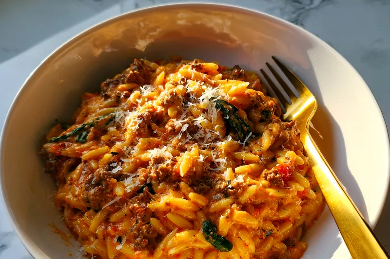 Fresh ingredients for Creamy Tomato Beef Orzo