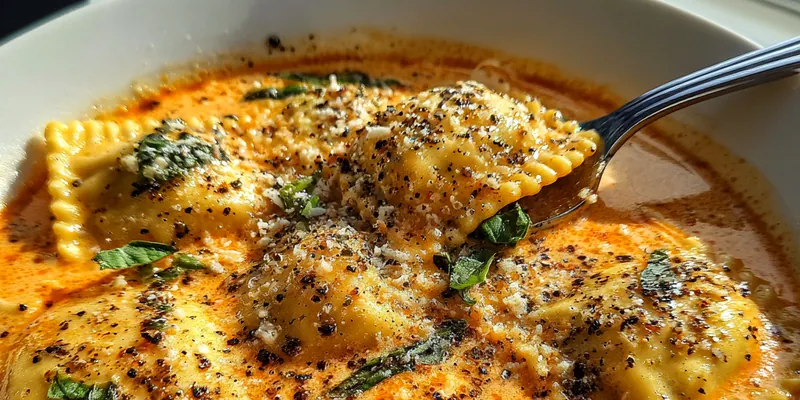 Delicious Creamy Tomato Ravioli Soup served on a plate