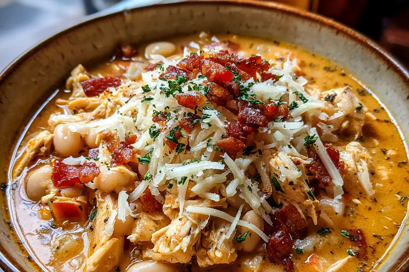 Pot of simmering white bean chili with steam rising, showing the creamy texture and chunks of chicken