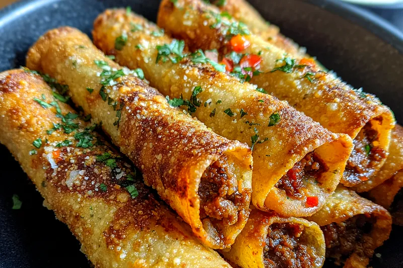 Chef frying Crispy Beef Taquitos Delight in hot oil to achieve golden brown perfection.